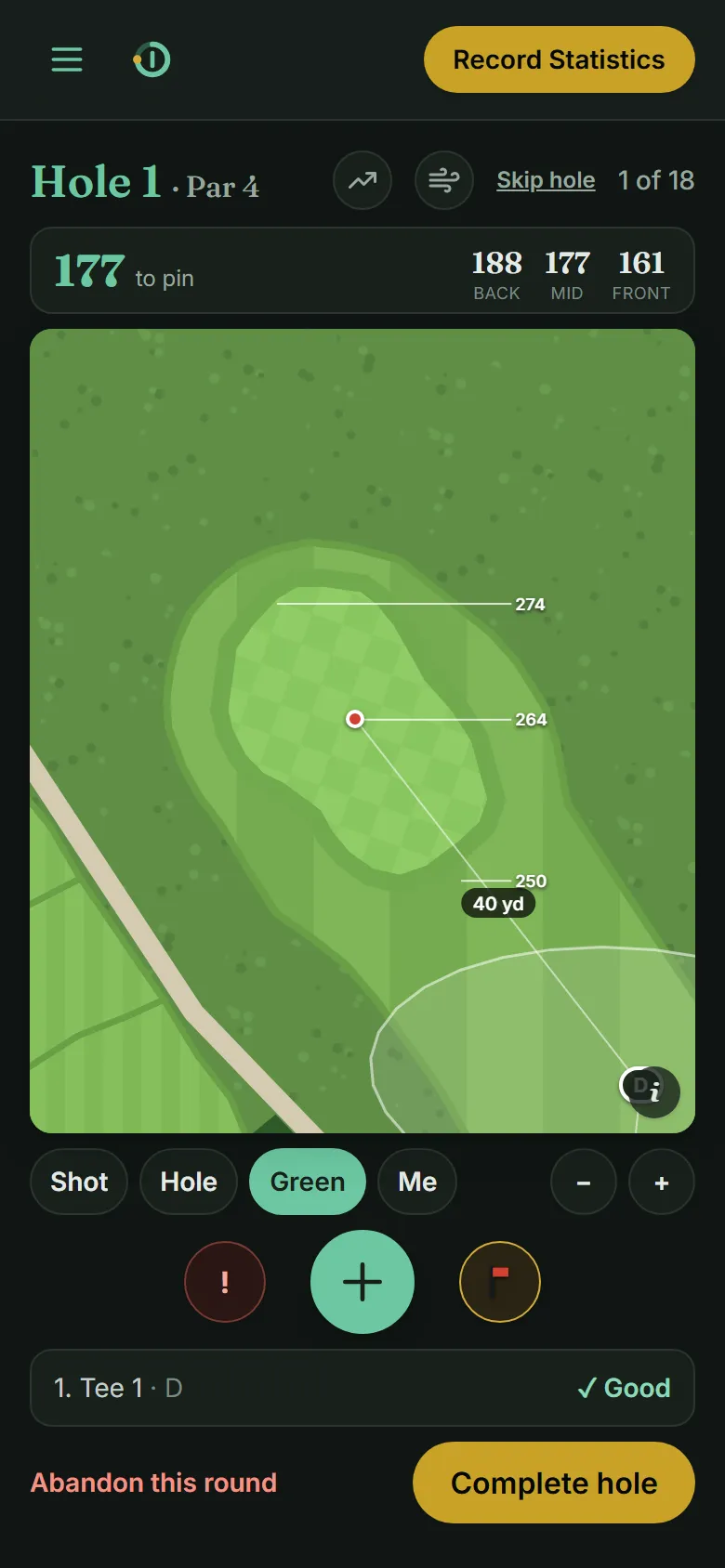 The green close up, with the flag and the yardages to the front, the flag and the back of the green.