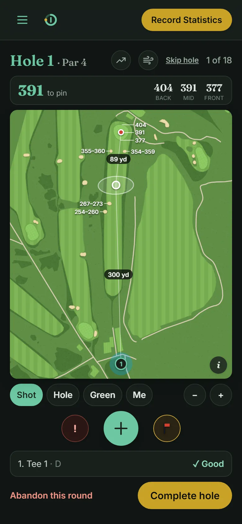 The GPS hole map: hole 1 at Conwy from the tee, 391 yards to the pin, with distances to the back, middle and front of the green, the planned drive, and yardages to the bunkers.