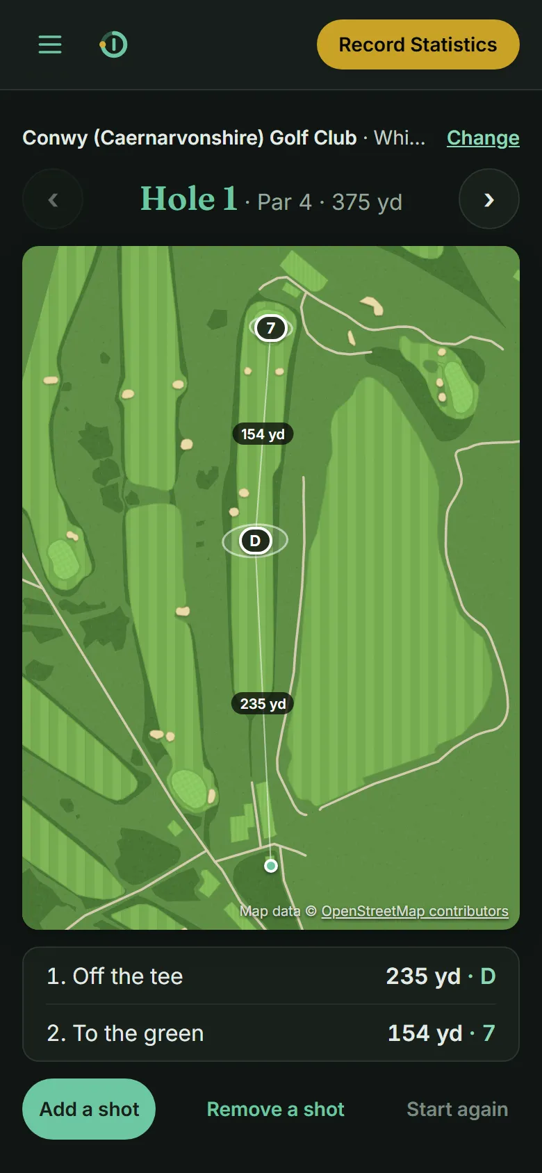 The round planner on hole 1 at Conwy: driver 235 yards, then a 7 iron of 154 yards to the green.